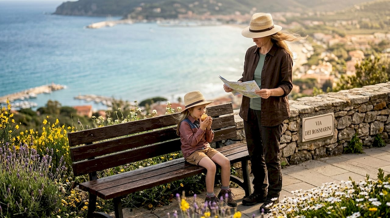 Mamma e figlia si concedono una pausa lungo un sentiero panoramico