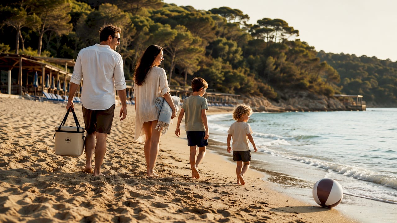 Una famiglia passeggia sulla spiaggia, lasciando le impronte sulla sabbia fine, mentre il mare tranquillo accarezza la riva.
