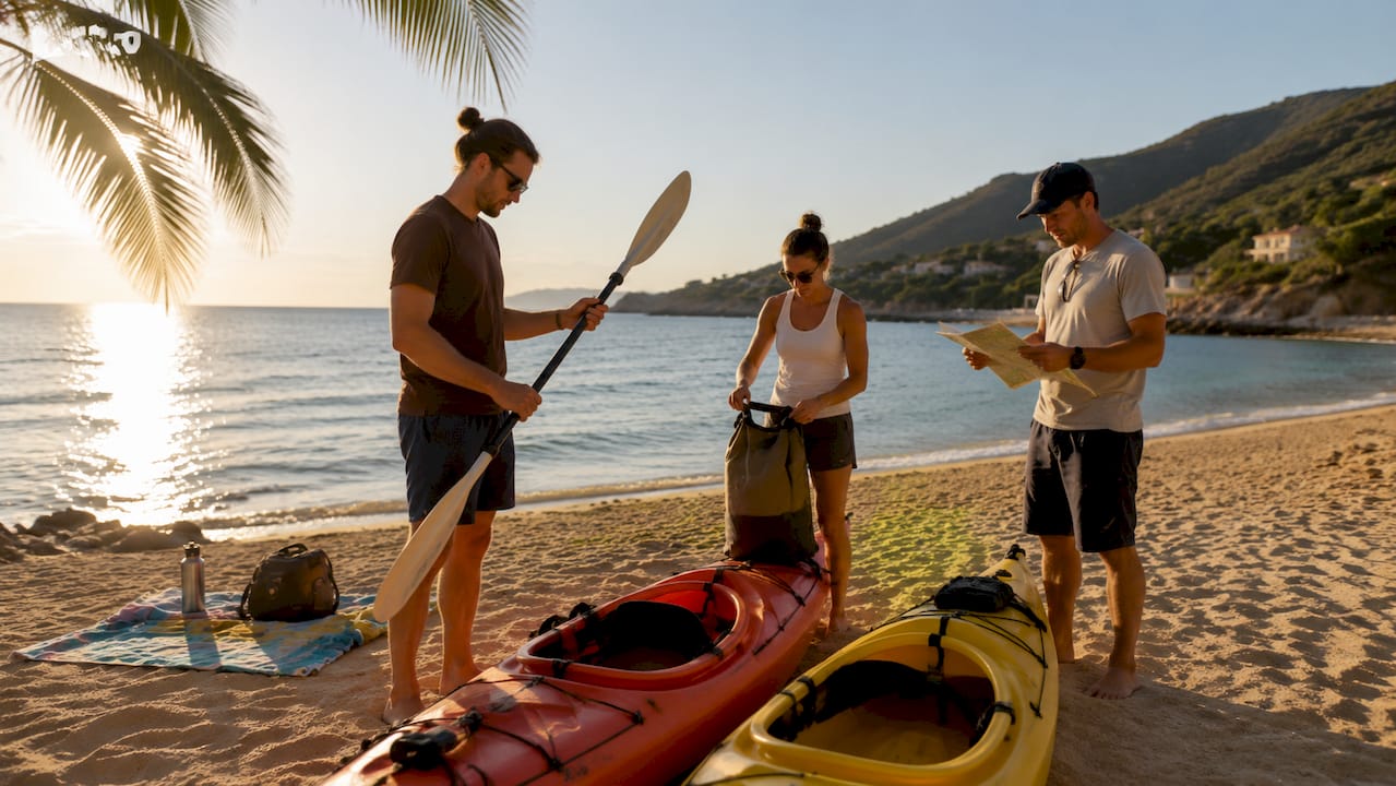 Un gruppo si prepara a partire in kayak alla scoperta di calette nascoste lungo la costa.