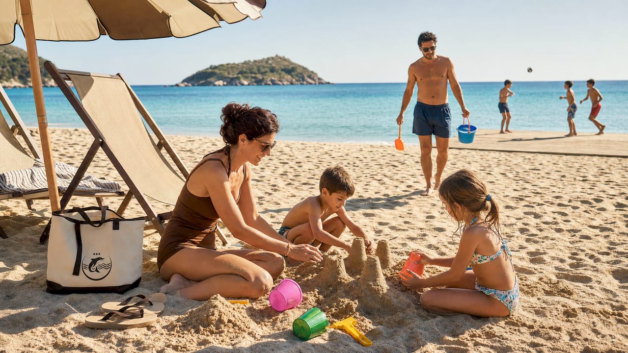 Una famiglia si gode una giornata di relax su una spiaggia attrezzata all’Isola d’Elba, tra ombrelloni colorati e mare cristallino.