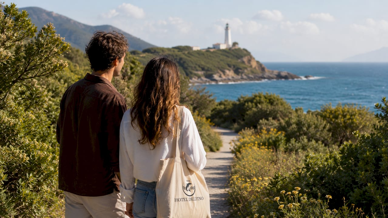 Una coppia si gode una passeggiata sulla spiaggia dell’Elba, immersa nella quiete di maggio.