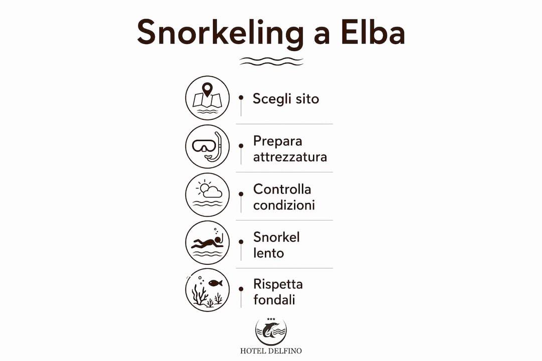 Grafica illustrativa con i passaggi essenziali per fare snorkeling all’Elba