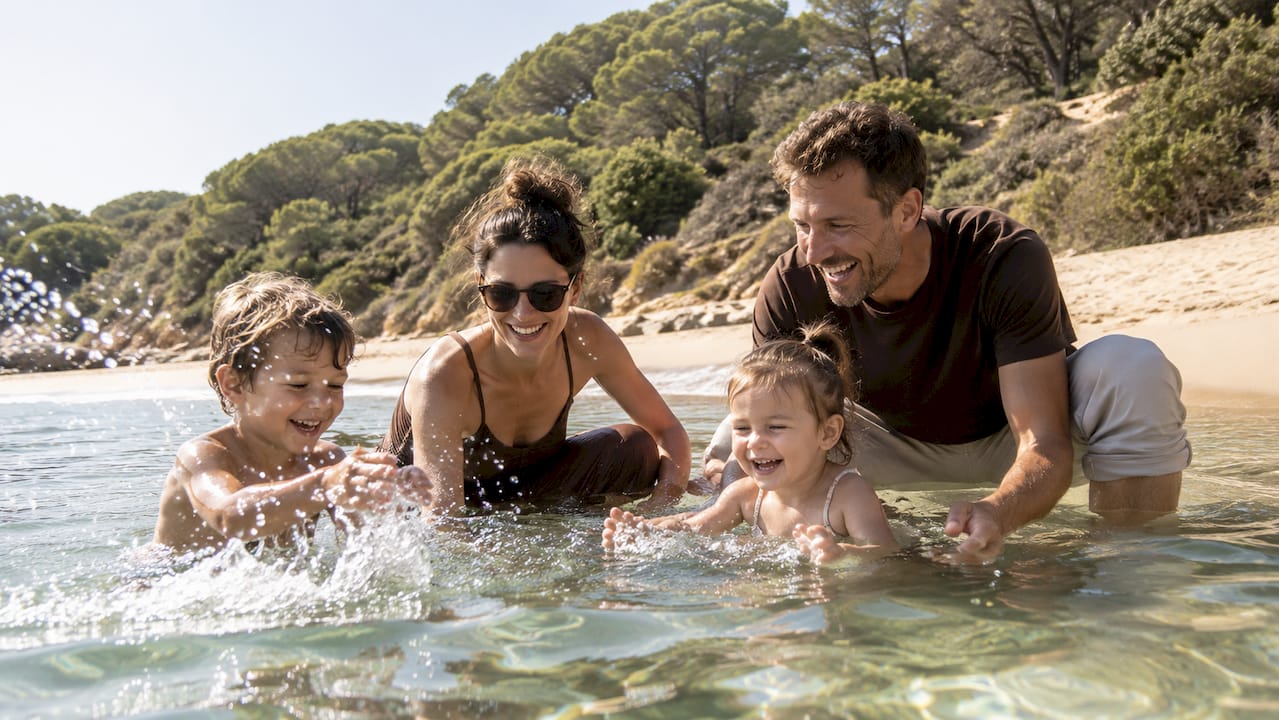 Una famiglia passeggia tranquilla lungo le acque serene del golfo.