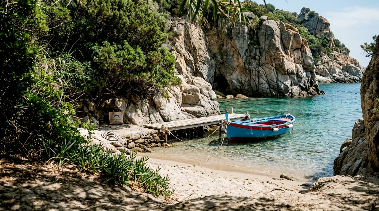 Un angolo di paradiso: una piccola baia riservata, immersa nella macchia mediterranea, dove il mare è limpido e trasparente.