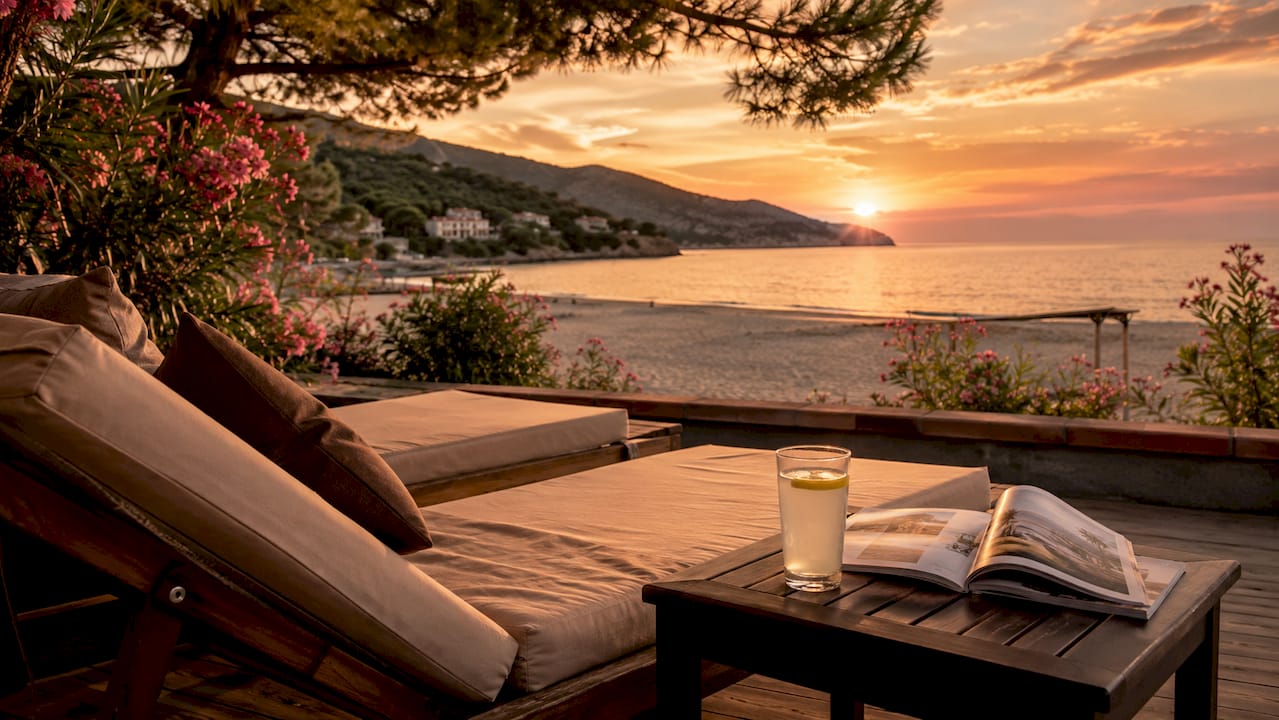 La terrazza dell’hotel affacciata sul mare all’Elba regala al mattino una vista mozzafiato.
