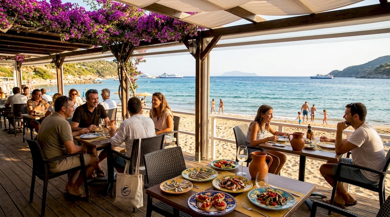 Cena sulla terrazza vista mare all’Hotel Delfino, sull’Isola d’Elba: un’esperienza indimenticabile tra sapori locali e panorami mozzafiato.
