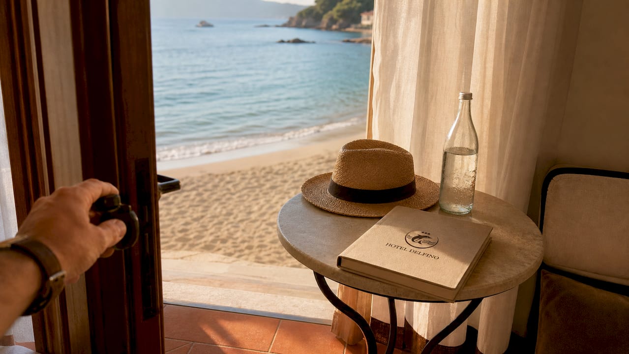 Direttamente dalla camera dell’Hotel Delfino puoi accedere comodamente alla spiaggia grazie alla porta privata.