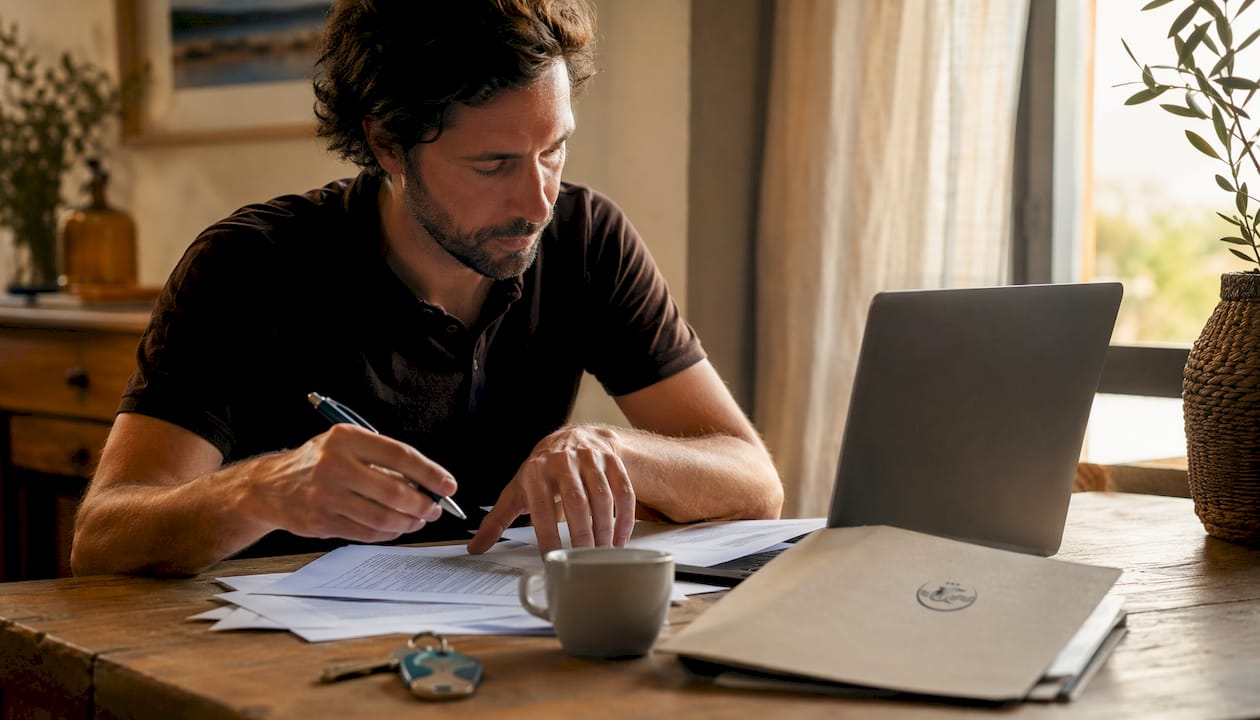 Un host si dedica alla preparazione dei documenti necessari per l’affitto turistico, sistemando tutto con cura all’interno della propria abitazione.